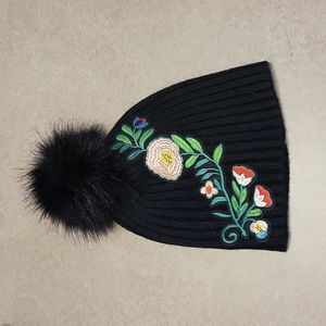 Renee's NYC Accessories Black Embroidered Pom Hat OS Green Pink